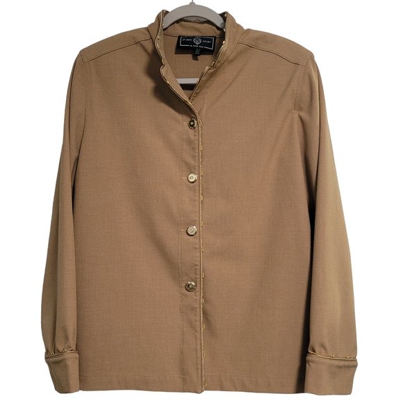 St. John Sport By Marie Gray Tan Gold Buttons Trim Shoulder Pads Blazer Small - Picture 1 of 7